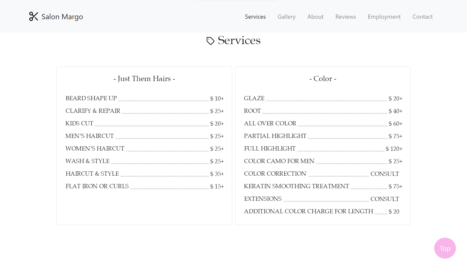 Salon Margo Services Page